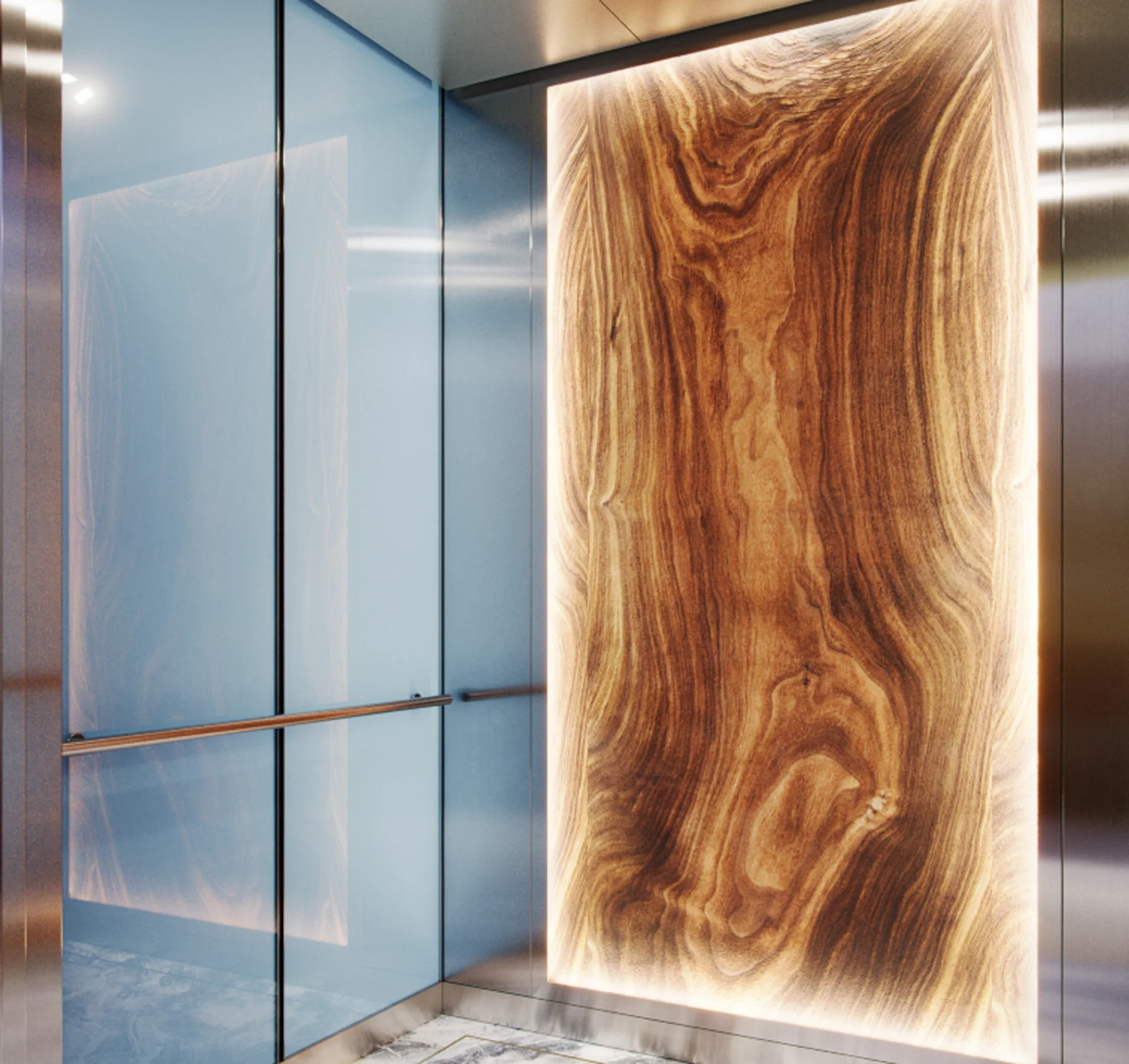 seattle-series-elevator-interior-backlit-glass-walnut-live-slab-blue-backpainted-glass-7