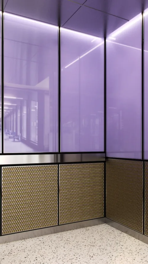 Berlin Series luxury elevator interior — purple back-painted glass by AED